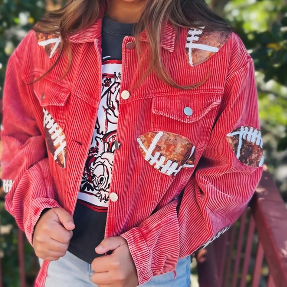 ePretty Jackets & Blazers - Red Sequin Football Patch Corduroy Jacket